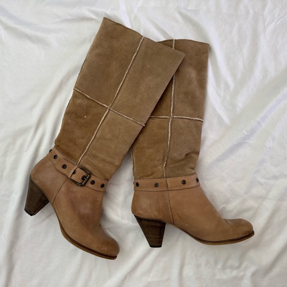 MARINA Tan Heeled Boots with Tapered Heel and Fold-Over Flap